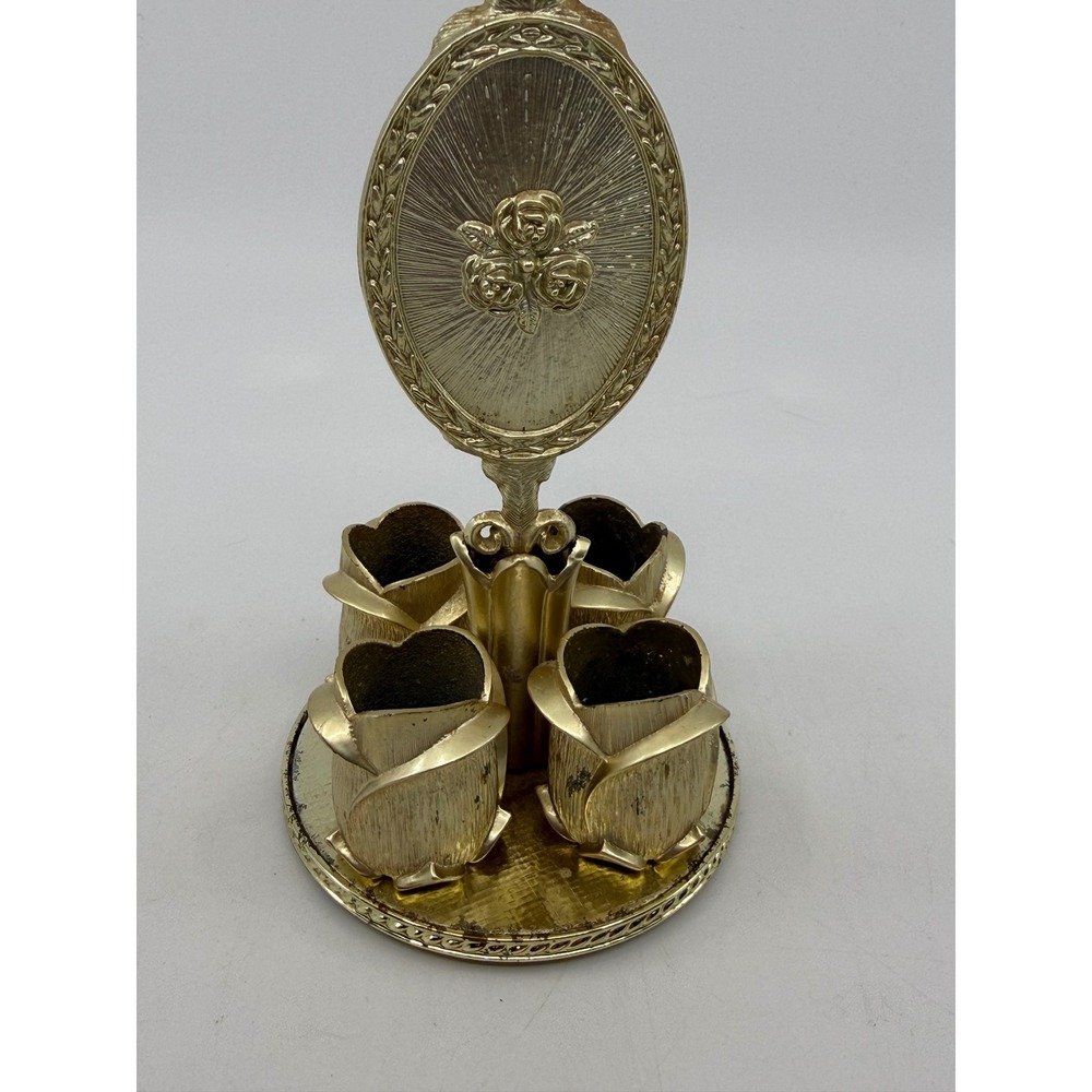 Vintage Gold Tone Rose Bud Lipstick Holder Bud Vase with Removable Hand Mirror